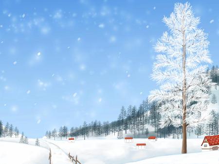 Snow Village - sky, forest, trees, nature, blue, christmas, snow