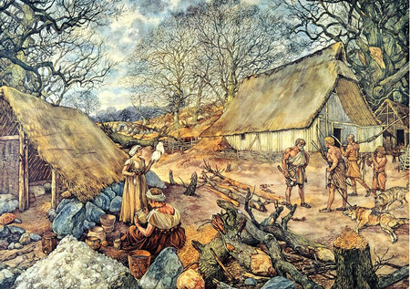 The Hunebed builders - neolithic people, spinning, bucket, bare trees, dogs, heavy stones, house, grave, hunt