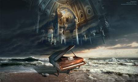 Requiem of Music - church interior, piano, beach, sea