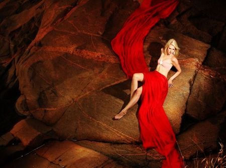 RED VEIL ON BIG ROCK.. - cave, veil, woman, red, rock