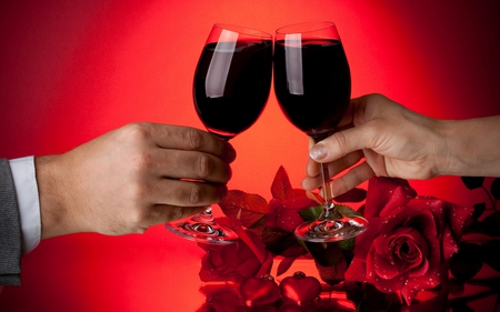 Cheers! - pretty, roses, heart, magic, romantic, red roses, romance, man, flowers, wine, holiday, red, merry christmas, xmas, red wine, ball, happy new year, beautiful, balls, photography, beauty, lovely, christmas, hands, glasses, woman, new year, valentine, cheers, rose, glass