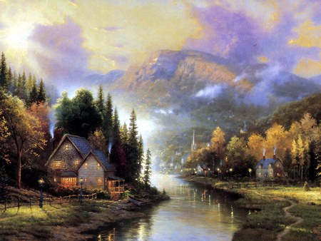 Cottage - river, painting, art, tree, cottage