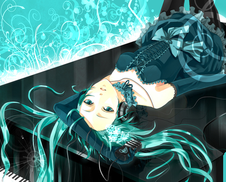 Hatsune Miku - pretty, anime, vocaloid, blue, dress, hatsune miku, aqua, nice, idol, piano, program, beautiful, hot, girl, virtual, beauty, cool, aqau eyes, black, miku, awesome, diva, cute, aqua hair, hatsune, sexy, vocaloids