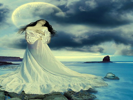 Passion - moon, white dress, feelings, woman, evening, cloudy sky, ocean