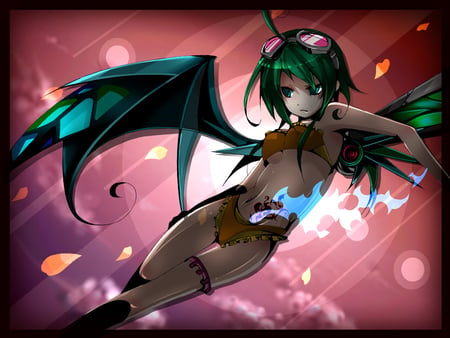 Gumi - sky, hot, wings, tattoo, purple, dark, blue flame, petals, anime, gumi, sexy, girl, light, flying, vocaloid, bikini, goggles, mechanical, energy, garters