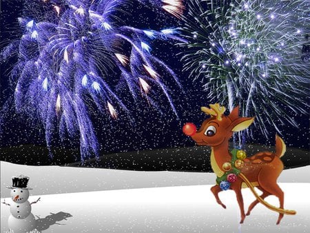 Christmas fireworks - christmas, snowman, deer, firework