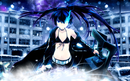 BRS Unleashed - snyp, winter, sexy, black rock shooter, flame, girl, buildings