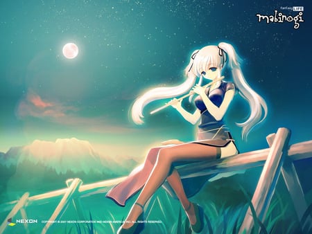 mabinogi - moon, flute, sky, alone, mountain, girl, anime, other