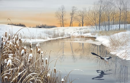 Serenity - clouds, bird, trees, seson, winter, water, snow, landscape, bulrush, froze, picture, cold, lake, sky