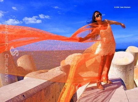 ORANGE MORNING - veil, sunny, blue, woman, boat, ocean, orange, sky