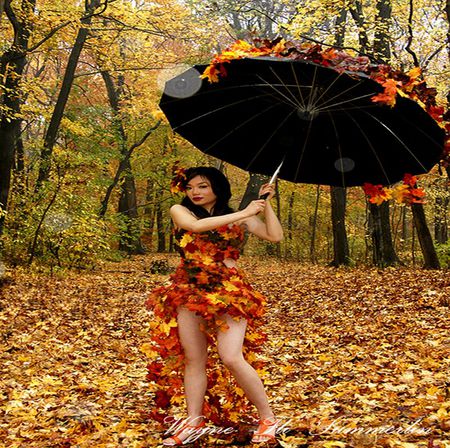 DRESS FROM AUTUM LEAFS - beauty, woman, falling, leafs, leaf, autum, umrella, dress