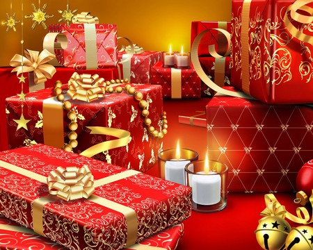 Red gifts - popular, candles, christmas, white, holidays, yellow, red, gifts, decoration, lights