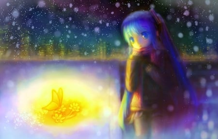 Hatsune Miku - pretty, snowflakes, snow, headphones, nice, program, thighhighs, city, beauty, gold, virtual, flower, white, scarf, lights, butterfly, cute, aqua eyes, vocaloid, anime, yellow, twintail, hatsune miku, city lights, microphone, dark, aqua, sky, clouds, winter, skirt, realistic, beautiful, girl, cool, buildings, christmas, glow, x-mas, miku, awesome, diva, cold, aqua hair, hatsune, vocaloids, headset