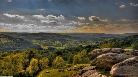 Hope Valley - trees sky, rocks, view, sunbeams, valley