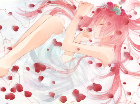 Just Be Friends - luka, bed, crying, rose, white, pretty, vocaloid, petals, pink, megurine, dress