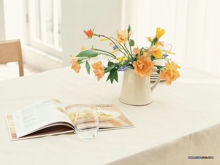 Sunshine - glass, stems, kitchen, bouquet, book, spring, white, chair, floral, yellow, table, jug, leaves, green, flowers