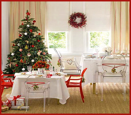 Ready for the celebration - christmas, tables and chairs, wreath, christmas tree, window, room, red and white decor