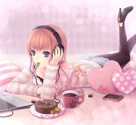 Snacking time - headphone, heart, high, pillows, pink, laptop, luka, music, mug, cake, heels, megurine, chocolate, pumpkin, drink, computer, listening