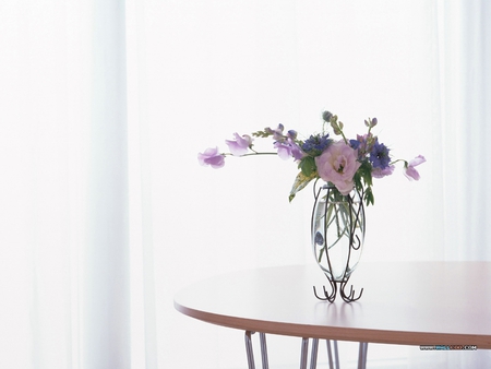 Pure Cuts - glass, simple, pretty, flowers, spring, window, vase, cuts, sunny, bright, stand, mixture, table, colours