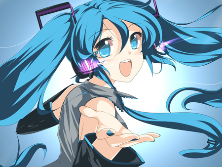 Hatsune Miku - nice, beauty, aqua, headset, twintail, aqua hair, black, white, virtual, pretty, cool, idol, anime, miku, aqua eyes, cute, hatsune miku, girl, hatsune, vocaloids, program, headphones, vocaloid, beautiful, awesome, smile, diva, happy