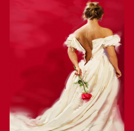 A rose for a lady - red background, white dress, white, red rose, lady, red, rose, beauty