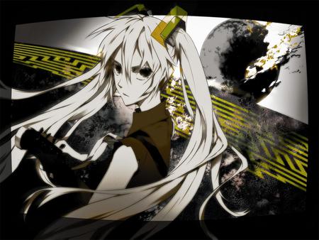 Disintegrating Earth - anime, vocaloid, yellow, twintail, planet, hatsune miku, earth, guitar, red, strap, nice, caution, sky, idol, program, beautiful, girl, road, virtual, beauty, cool, red eyes, black, white, miku, awesome, gray, diva, gray hair, hatsune, vocaloids