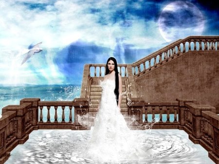 ONE WITH THE OCEAN - stairs, moon, woman, ocean, sky, female, water, white dress, white dream girl, wonderful, stunning, bird, white, pretty, clouds, sea