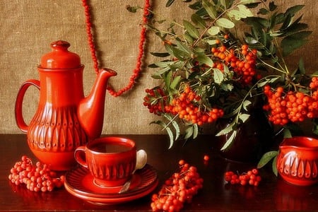 Tea Time - flowers, beautiful, teapot, orange, cup