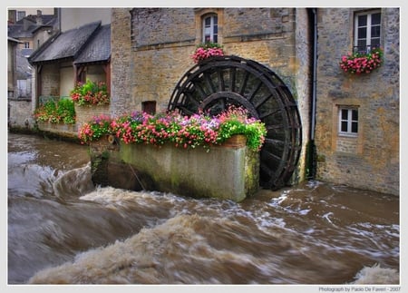 Old Watermill - art photo, stone watermill house, fullcolours, water, beautiful, flowers, balconys