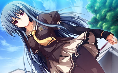 time to go - blue hair, sky, forest, school, walk, anime, dress