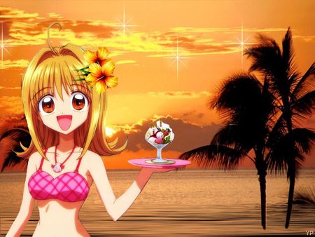 Ice Cream - anime, food, girl, flower, pink, tree, ice cream, blond, cute, mermaid melody, bikni, sexy