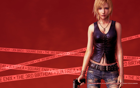 The new Aya - gun, parasite eve, girl, female, jeans, parasite, video game, the 3th birthday, 3rd birthday, aya brea, square enix, action, aya, psp, blonde, character