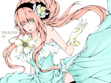 Ivory Luka - pretty, vocaloid, white, dress, megurine, flower, pink, gloves