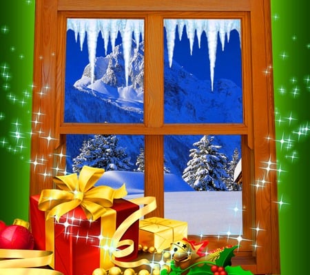 Holiday window - window, icicles, stars, festive, ribbon, gifts, trees, bows, snow