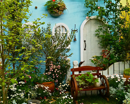 Beautiful house - flowers, house, door, plants, bench