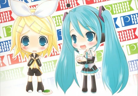 Rin & Miku - vocaloid, rin kagamine, chibi, hatsune miku, egg