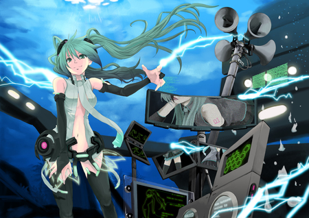 Hatsune Miku - hatsune miku, vocaloid, monitor, megaphone