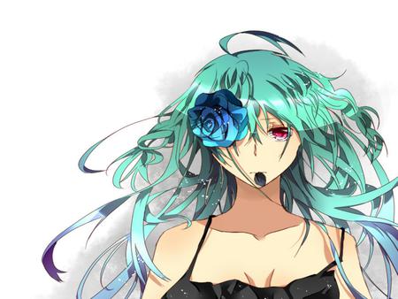 Hatsune Miku - virtual, miku, hatsune, black, rose, cute, beautiful, vocaloids, girl, red eyes, white, blue rose, red, program, pretty, cool, aqua, beauty, awesome, vocaloid, anime, dress, diva, nice, aqua hair, idol, hatsune miku