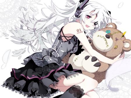 Zatsune Miku - bed, hot, headset, music, white, cool, hatsune miku, pillow, sexy, song, vocaloids, program, vocaloid, beautiful, animal, uniform, diva, dress, beauty, nice, stuffed animal, toy, gothic, black, virtual, pretty, idol, anime, zatsune, eyepatch, miku, zatsune miku, cute, black dress, girl, bear, stitches, hatsune, microphone, headphones, awesome, lolita, white hair