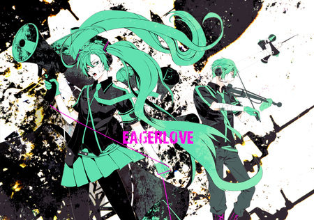 Miku & Kaito Eager Love Revenge - eager love revenge, vocaloid 2, kaito, green, hatsune miku, vocaloid 1