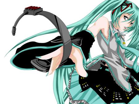 Hatsune Miku - pretty, tie, anime, vocaloid, blue, twintail, hatsune miku, microphone, aqua, music, headphones, nice, idol, program, skirt, beautiful, girl, virtual, beauty, cool, black, white, miku, awesome, diva, aqua eyes, cute, aqua hair, hatsune, headset, vocaloids, song