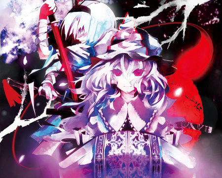 touhou - red eyes, touhou, konpaku youmu, hat, banpai akira, weapon, sword, saigyouji yuyuko