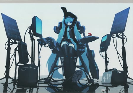 Hatsune Miku - base, aqua, headset, thighhighs, studio, white, cool, aqua eyes, hatsune miku, skirt, megaphone, vocaloids, program, vocaloid, beautiful, diva, nice, beauty, twintail, aqua hair, black, bass, virtual, pretty, idol, anime, miku, cute, girl, hatsune, microphone, headphones, blue, tie, awesome