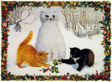 Snowcats - snowman, trees, cats, snow, holiday, holly, berries, christmas