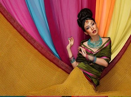 A BEAUTY IN RAINBOW - colorful, woman, dress, veils, beauty, colors