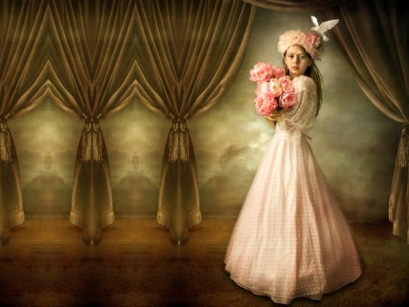 angel of flowers - flowers, fantasy, angel, pink