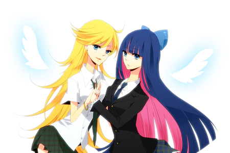 Panty and Stocking with Garterbelt - panty, sexy, hot, wings, long hair, yellow hair, panty and stocking with garterbelt, blue hair, simple background, stocking, wing, beautiful