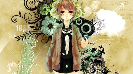 Ipod Flower - tie, anime, female, wing, yellow eye, dress, short hair, cage, abstract, anime girl, necktie, casual, ipod, hot, girl, brown hair, flower, wings, digital, butterfly, cute, sexy