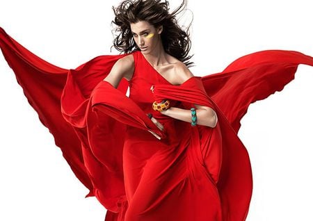 FLOATING IN RED - pretty, floating, woman, windy, red, dress