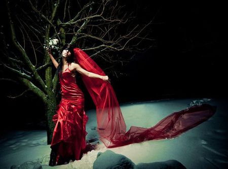 NIGHT SNOW AND RED BRIDE - bride, blind, red, snow, night, dark